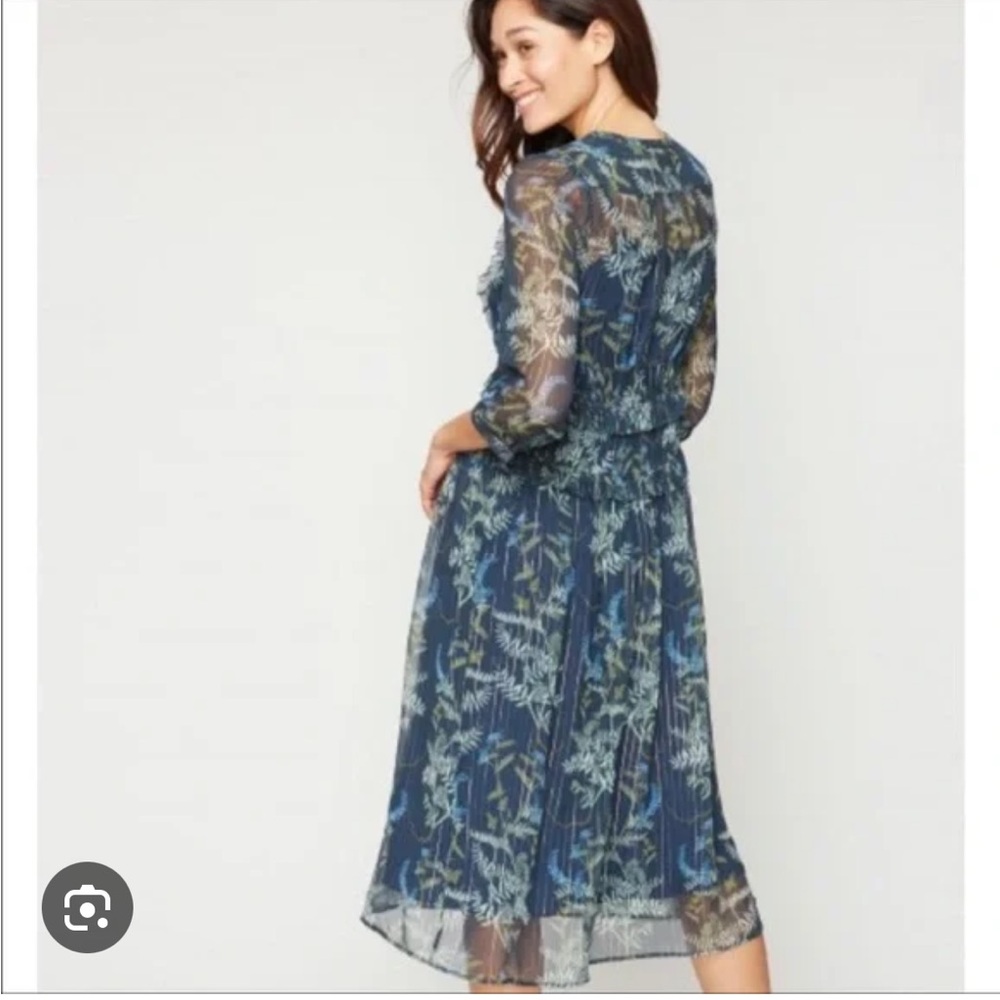 Roller Rabbit Silk Midi Dress Blue Metallic Floral Size L - Picture 2 of 7